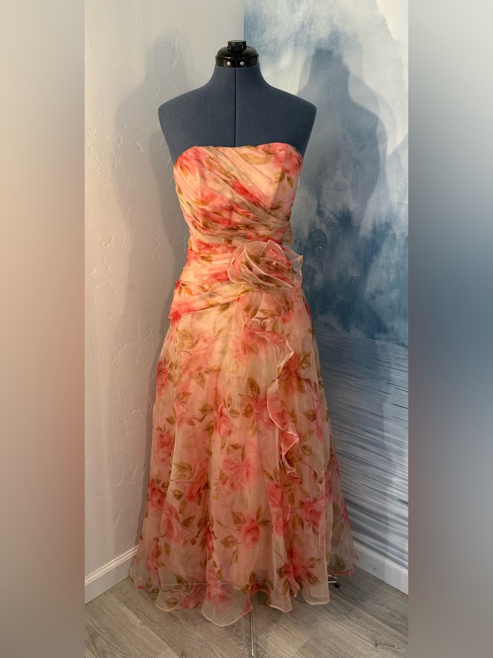 Strapless Pink Floral Organza Evening Dress #377
